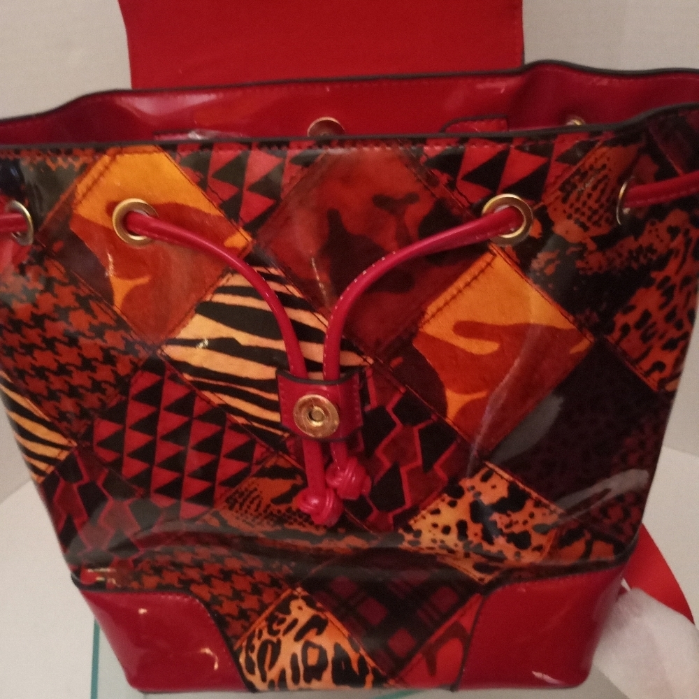 Alyssa Backpack Vegan Leather Red Geometric Shoulder School College Backpack - Picture 6 of 15